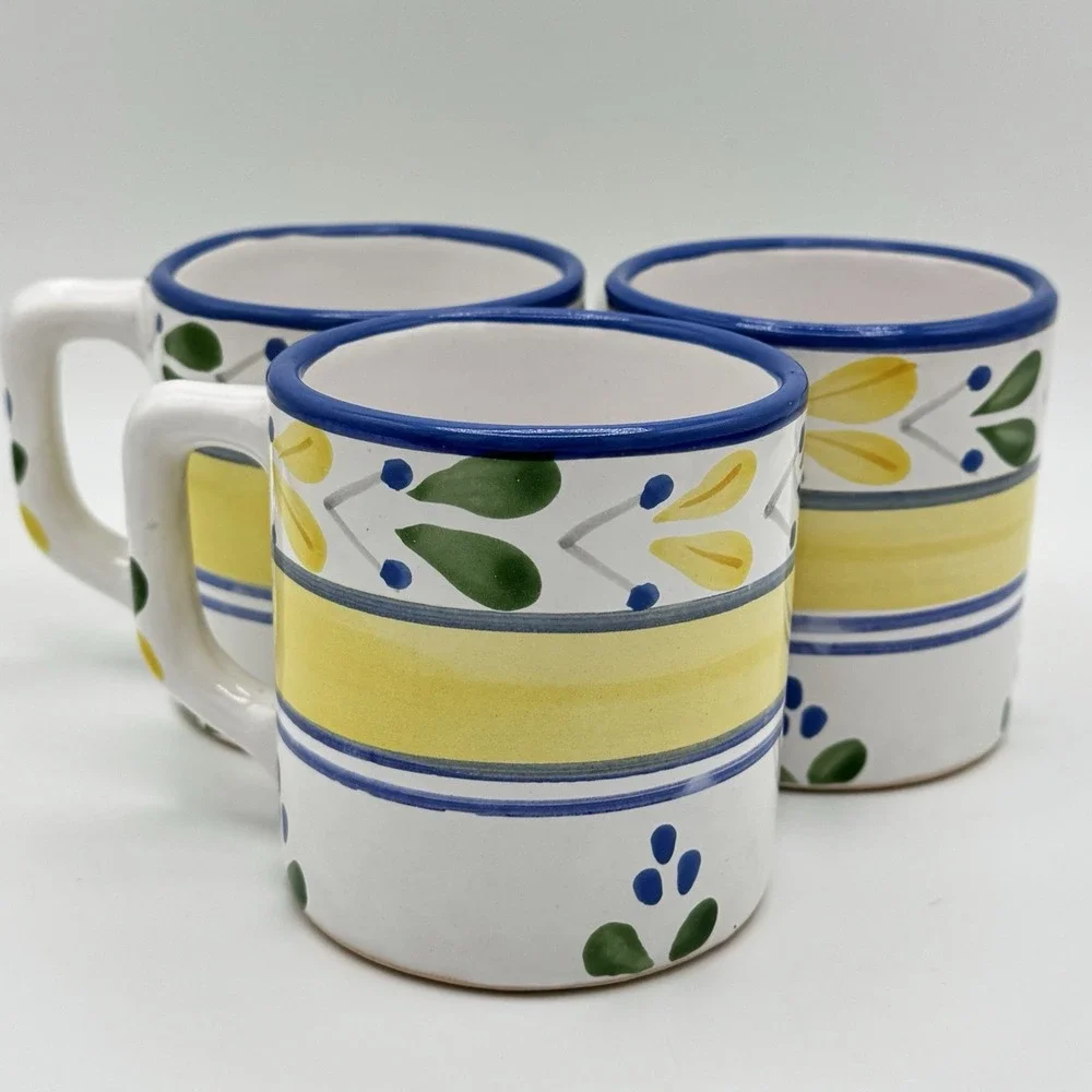 Pier 1 Solimar Mug Set 3 Hand Painted Tunisia‎ Blue Yellow Mediterranean Floral